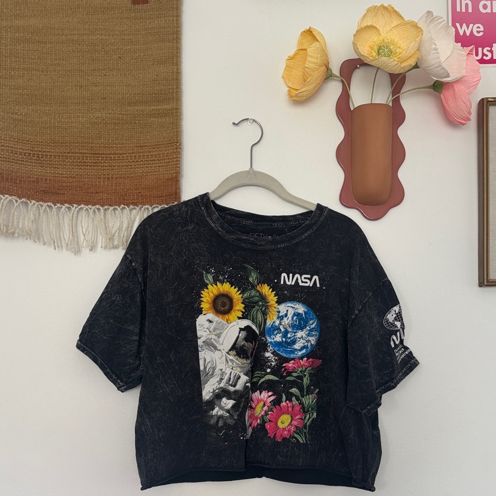 Fifth Sun Black Crop Tee with NASA Astronaut, Sunflower & Earth Artwork